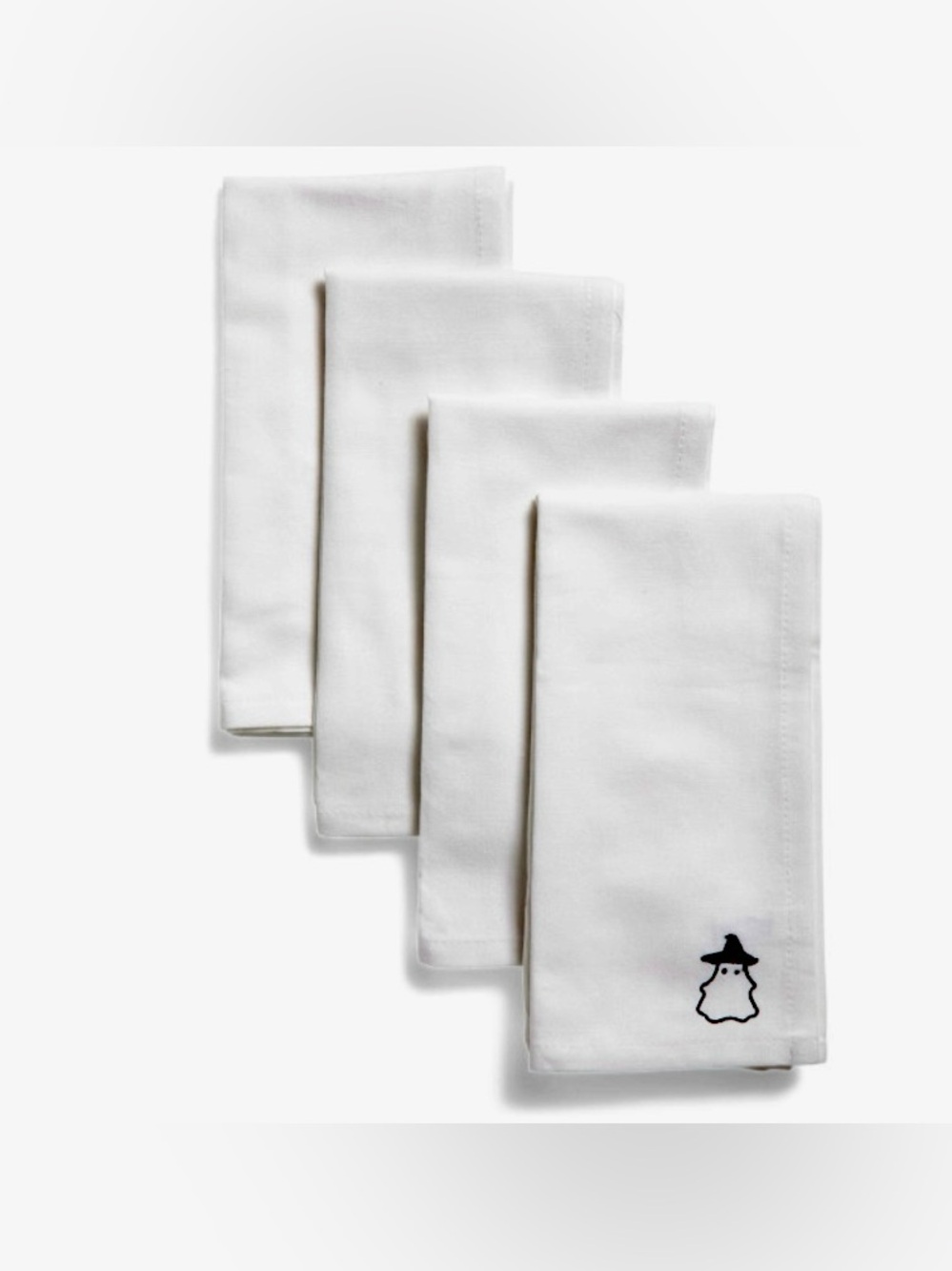 Cupcakes and Cashmere Set of 4 White Napkins Embroidered Ghost in Hat Halloween